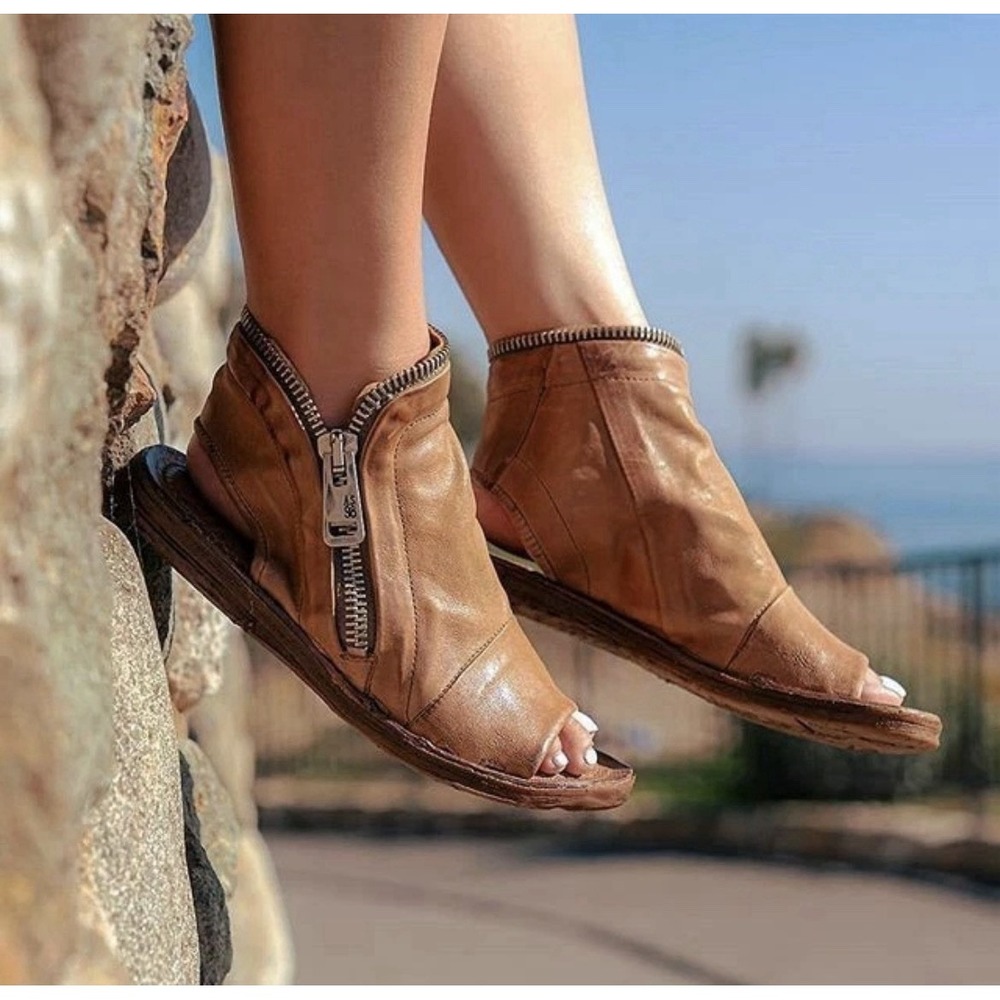 A.S.98 Ritchie Flat Sandals Peep Toe Bootie EU 36 5.5 6 Camel Leather Zipper